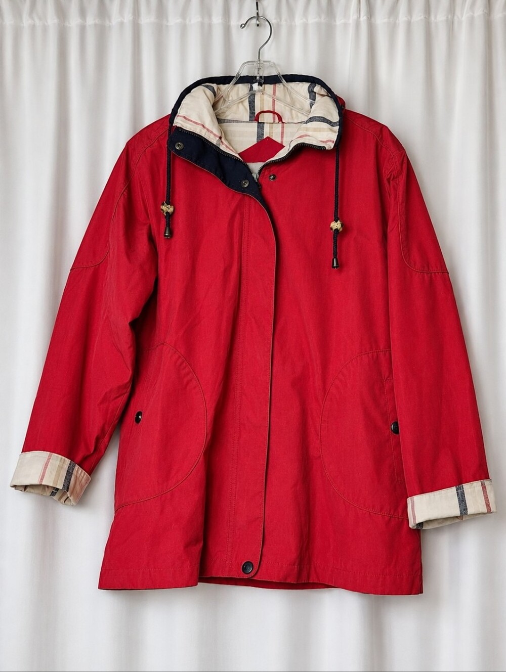 1 Madison Red Raincoat Hidden Hood Plaid Trim Storm Placket Preppy Heritage Coat